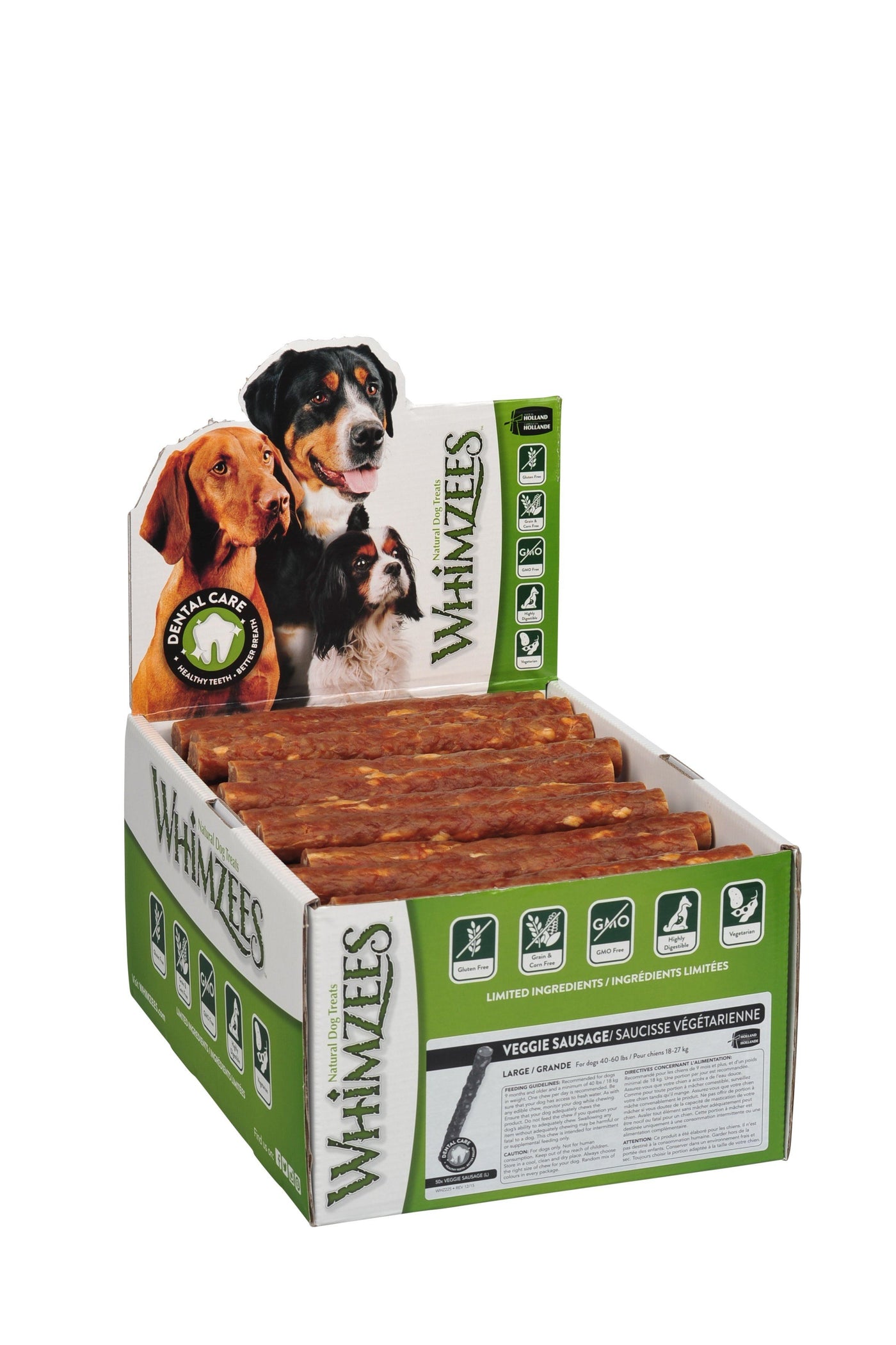 Whimzees vegetariske hundegodbidder i en æske på en hvid baggrund. Disse naturlige godbidder indeholder funktionelle ingredienser, der hjælper med at reducere dannelsen af plak og tandsten i hundes tænder.