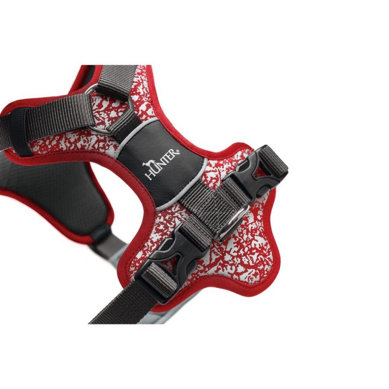 A Hunter Hundesele med refleks fra Hunter, Divo Reflect - Rød/Grå med et rødt og sort design.