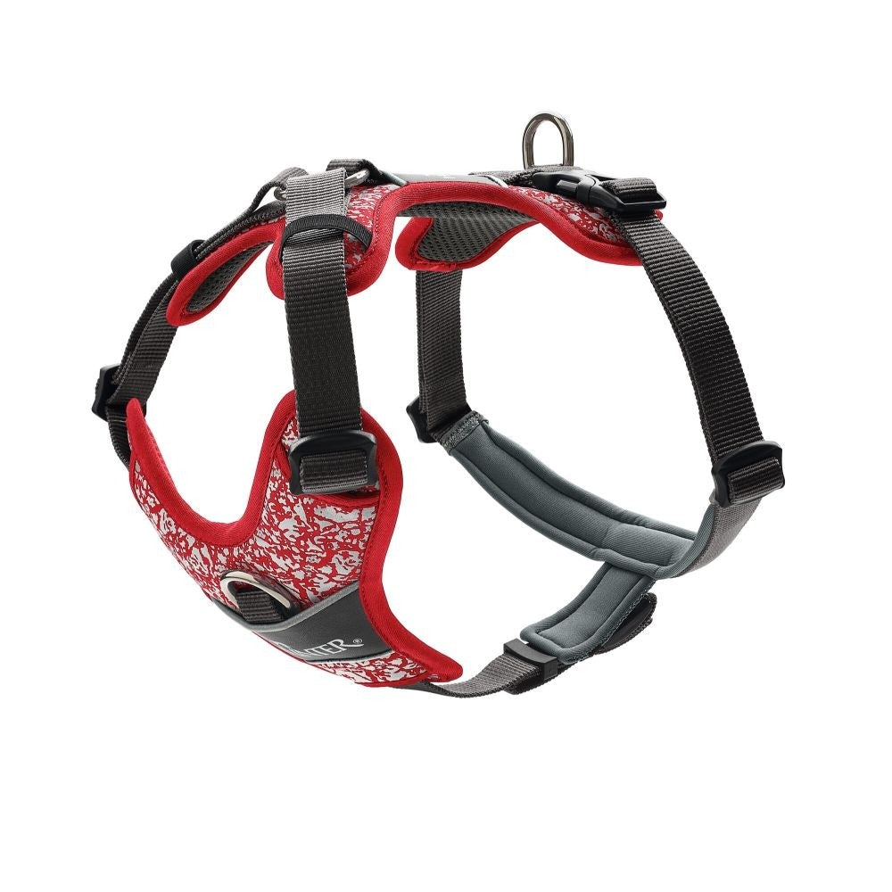 En Hundesele med refleks fra Hunter, Divo Reflect - Rød/Grå hundesele i rød og sort på hvid baggrund.