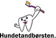 En tegneserietand med en Hundetandbørsten-tandbørste på sort baggrund, der fremmer fordelene ved en Os med kæledyr.dk månedskasse til vedligeholdelse af flotte tænder.
