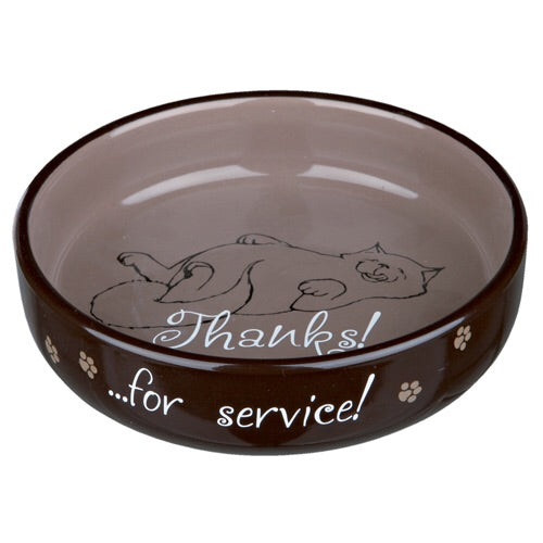 A Trixie keramik skål til kat, m. en mæt kat der siger tak for service.