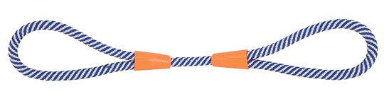 En blå og orange stribet Chuckit bjergreb (Trække reb legetøj) til indendørs og udendørs brug.