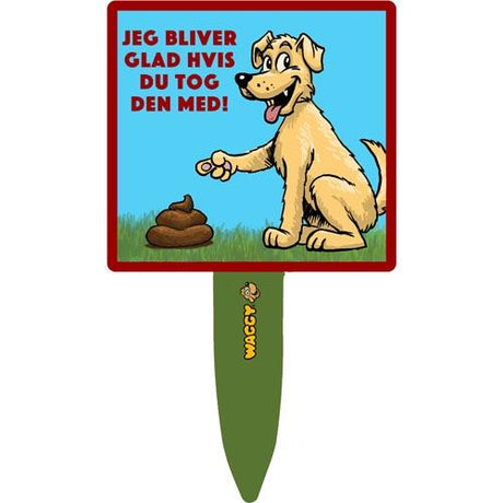 A golden retriever using a WAGGY Lorteskilte - Jeg bliver glad hvis du tog den med pooper scooper on a stick.