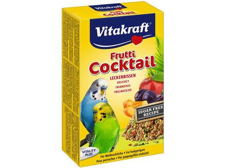Undulat frutti-cocktail til papegøjer er et Vitakraft-tilskud lavet specielt til at give essentielle næringsstoffer og variation til dit kæledyrs papegøjes kost.