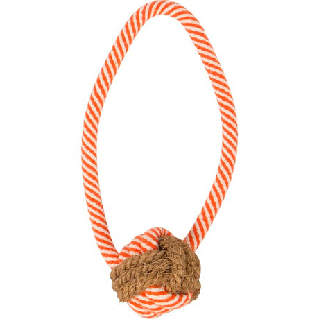 Et stort Rebdummy med kokosfibre - stor knude legetøj med en orange og hvid stribe fra osmedkaeledyr.dk.