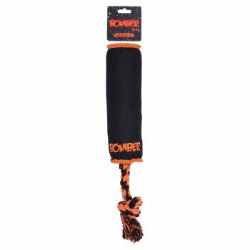 Et sort og orange Bomber-kapsel-hundelegetøj, perfekt til stærke tyggere og fremmer tandsundheden.