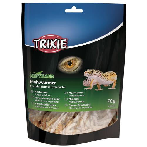 En proteinrig pose Tørrede melorme til reptiler, samt hamster, mus og rotter m.fl. med et billede af en gekko fra Trixie.