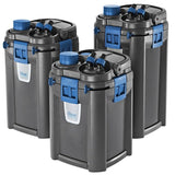 Tre Spandfilter BioMaster 600L fra Oase, udvendigt akvariefilterbeholdere med blåt låg.