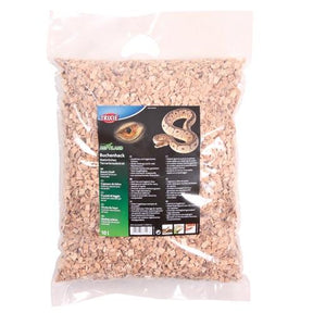 En pose Trixie Bøgeflis lund træpiller til krybdyrterrarier på hvid baggrund.