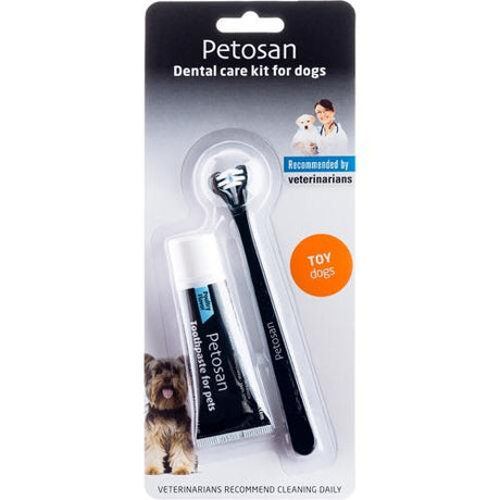 Petosan tandplejesæt til hunde indeholder både Petosan tandpasta og en Petosan tandbørste for at hjælpe med at opretholde din hunds mundsundhed.