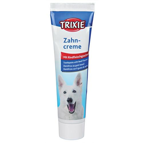 En tube Hundetandpasta m/ bøfsmag fra Trixie på hvid baggrund, ideel til hundetandbørste og tandpasta elskere.
