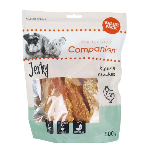 Eldorado Companion Chicken Jerky 500g (Tørret Kyllingekød) til glutenfri hundetræning.