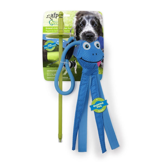 Beskrivelse: En AFP HundeLegetøj til haven, Jordspyd med blå bidefrø med en fastgjort trækleash.