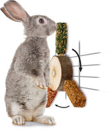 En kanin står ved siden af en træstang med JR farm træ propel spiseligt legetøj med lækkerier, aktivitet til din gnaver på, fremviser sin dygtighed og engagerer sig i en aktivitet.