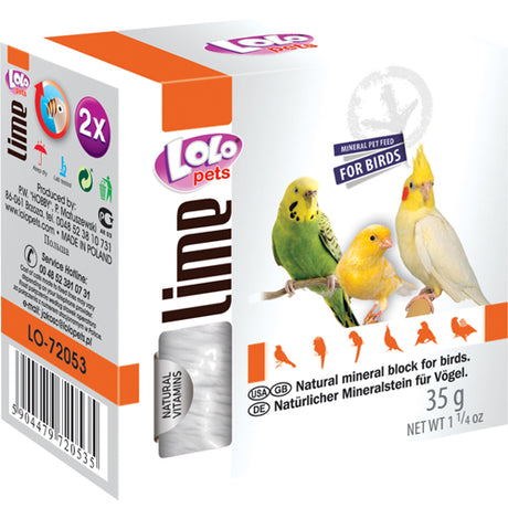 En æske Fugle kalksten med mineraler fra Lolo Pets med to fugle i, der giver essentiel calcium til knogler og tjener som kosttilskud.