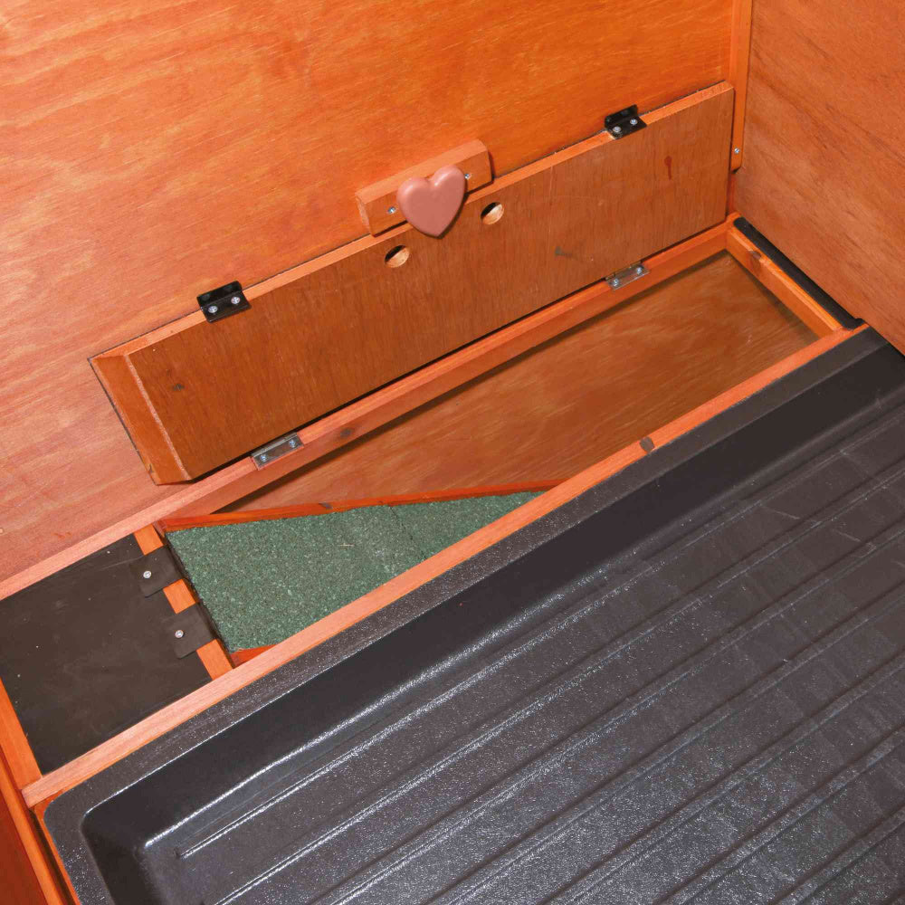 Kaninbur udendørs, rødbrun, med overdækket løbegård. 124x78x102 cm  - Leveret gratis lige til døren