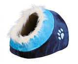 En blå og hvid Kattehule "Minou" hundeseng med poteaftryk på.