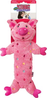 Et Kong Low stuff Gris solide hundebamser pink svine hundelegetøj med polkaprikker.