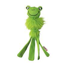 Et interaktivt hundelegetøj, Kong Wubba Fuzzy Friends, holdbart hundelegetøj - lille, med en blød grøn imiteret pelsfrø på hvid baggrund.