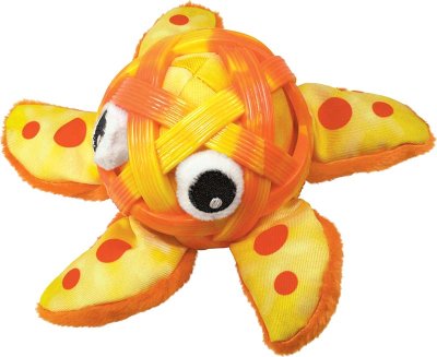 En Kong Sea Shells Starfish, solid hundebamser udstoppet orange og gul blækspruttelegetøj.
