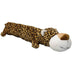 Et Kw Hundebamse, søde lange bamsede leopard tøjdyr liggende på hvid baggrund.