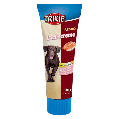 En tube Lakse paté på tube til alle hunde med en hund på, perfekt til hundetandpleje, fra Trixie.