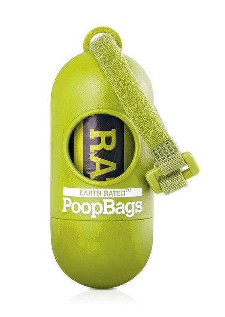 En grøn taske med ordet poopbags på. Disse høm høm poseholder, miljøvenlige fra Earth Rated, også kendt som Høm høm poser, kommer med en praktisk dispenser til easy++.