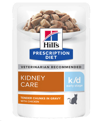 Hills Prescription Diet's k/d Kidney Care vådfoder til katte med kylling 12x85g portionsposer for nyrelidelser.
