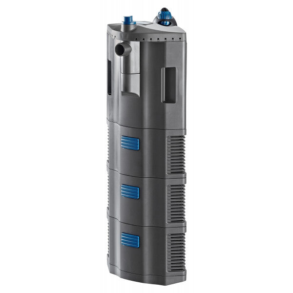 Et gråt og blåt Akvariefilter med varmelegeme, BioPlus Thermo 200 fra Oase, indvendigt med et blåt håndtag designet til filtrering.