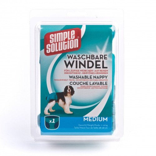 En pakke Simple Solution mellemstore vaskbare velcro'en bleer til Løbetidsbukser, God kvalitet, rigtig god pasform!. Velegnet til hundens form.