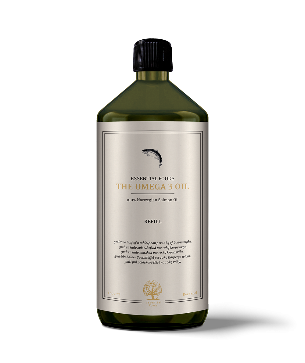 En flaske Essential Lakseolie fra 100% Norske opdrættede laks til hunde 1000ml på en sort baggrund.