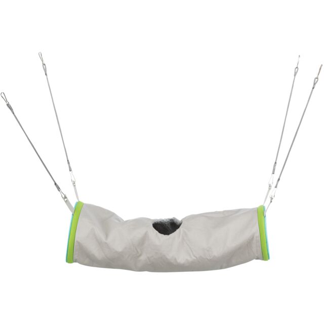 En Trixie-taske med et reb fastgjort til, designet til at kæledyr kan hænge sikkert op i.