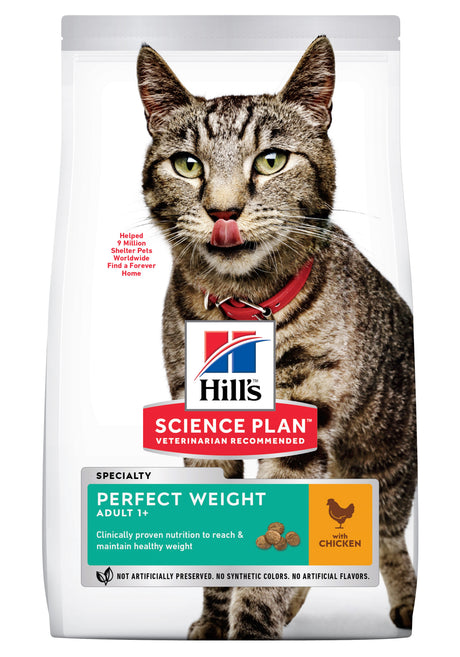 Beskrivelse: Hills Science Plan Perfect Weight kattemad med kylling, til voksne +1 år katte 1,5 kg.