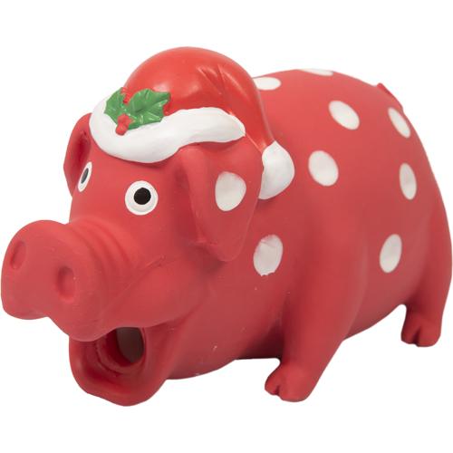 En rød gris med nissehue på hovedet, også kendt som en Eldorado Julegris m/ gryntelyd - 2 størrelser.