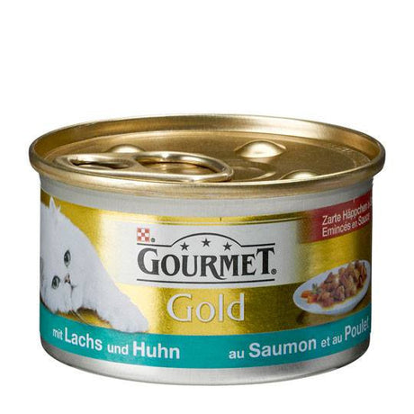 En dåse Vådfoder til katte, Gourmet Gold fra Purina kattefoder med laks og tun, tilsat pikantsauce.
