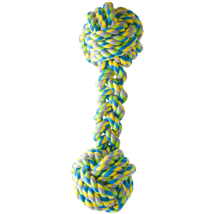 Beskrivelse: Et sjovt KW hunde reblegetøj i gult og blåt reb, håndvægt 21cm.