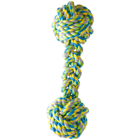 Beskrivelse: Et sjovt KW hunde reblegetøj i gult og blåt reb, håndvægt 21cm.