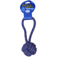 Beskrivelse: En blå Nuts4Knots Reblegetøj til hunde, bold med tov træk med en knude på det.