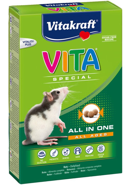 Rottefoder, Vitaspecial fra Vitakraft opfylder alle ernæringsbehov hos rotter. Dette alt-i-én rottefoder er specielt formuleret til at give en afbalanceret kost for optimal sundhed og velvære.