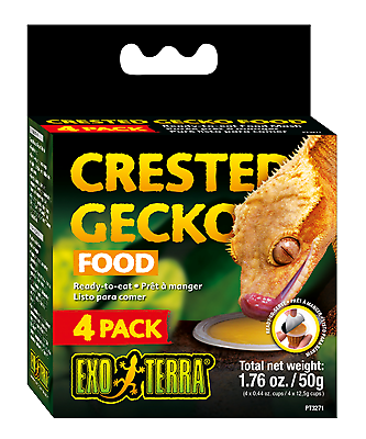 Exoterra Kronegekko foder 4-pak, der tilbyder højkvalitets ernæring til crested gekkoer.