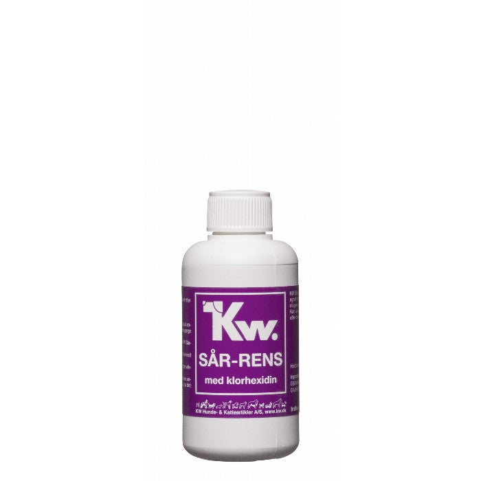 En flaske KW Sår-rens m/ klorhexidin på hvid baggrund.