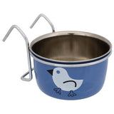 En blå skål med en fugl på, til fugle, Foderskål af stål til fugle med sødt motiv af Trixie.