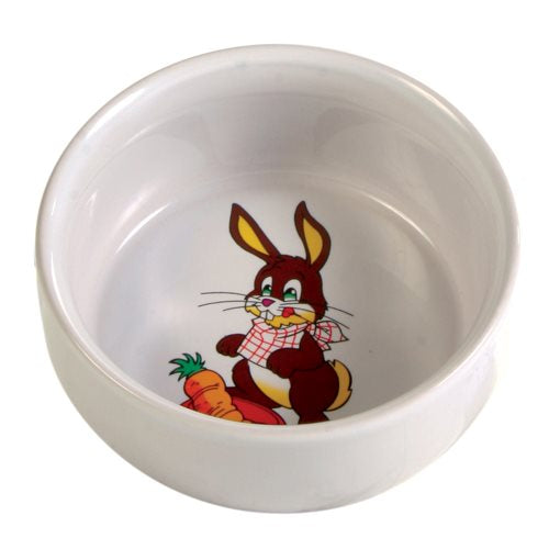 Beskrivelse: En hvid Madskål, Keramisk skål til kaniner med sødt motiv fra Trixie. Målinger integreret.