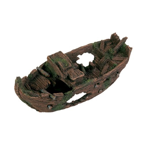 En realistisk model af en træbåd med mos på, lavet med Akvariepynt, Flot Skibsvrag 29cm af Trixie polyesterharpiks.