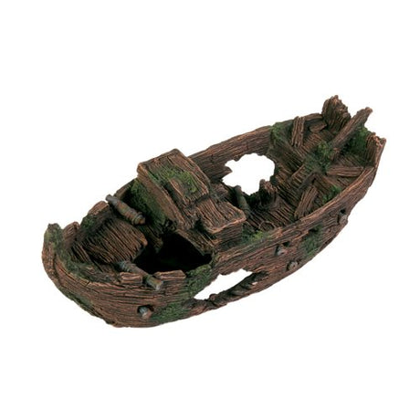 En realistisk model af en træbåd med mos på, lavet med Akvariepynt, Flot Skibsvrag 29cm af Trixie polyesterharpiks.
