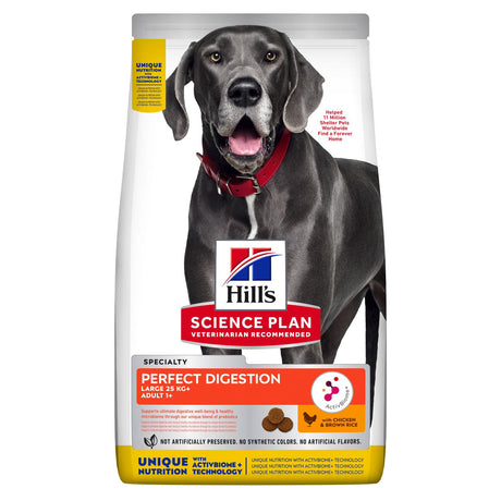 Hills Science Plan Perfect Digestion hundefoder fremmer fordøjelsesvelvære hos voksne hunde af store racer med dens nærende blanding af 12 kg Hills Adult Perfect Digestion Large Breed med kylling og brune ris.