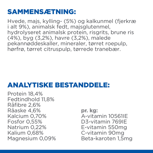 Et ernæringsmærke, der viser ingredienserne i Hills Science Plan Adult Perfect Digestion Medium med kylling og brune ris, en 12 kg hundefoder med kylling og brune ris.