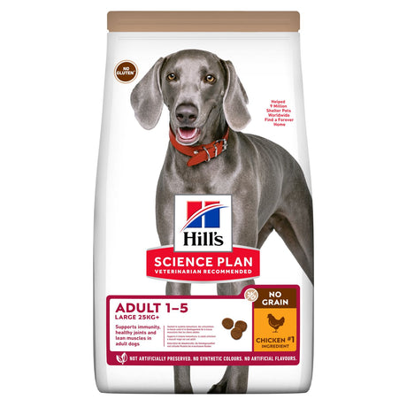 Hill's Science Plan Adult Dog Food er en specielt formuleret tørfoder til voksne hunde af store racer. Beriget med kylling af høj kvalitet, dette 12 kg Hills No Grain korn- og glutenfri tørfoder, med kylling produkt fra Hills Science Plan-mærket opfylder de specifikke ernæringsbehov hos voksne hunde >1 år.