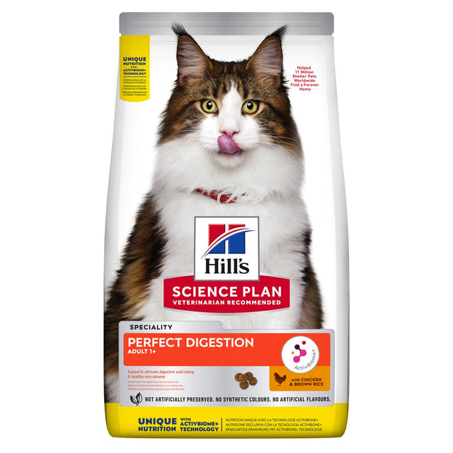 Beskrivelse: Hills Science Plan Perfect Digestion kattefoder, der fremmer fordøjelsen og opretholder et sundt mikrobiom for katte.