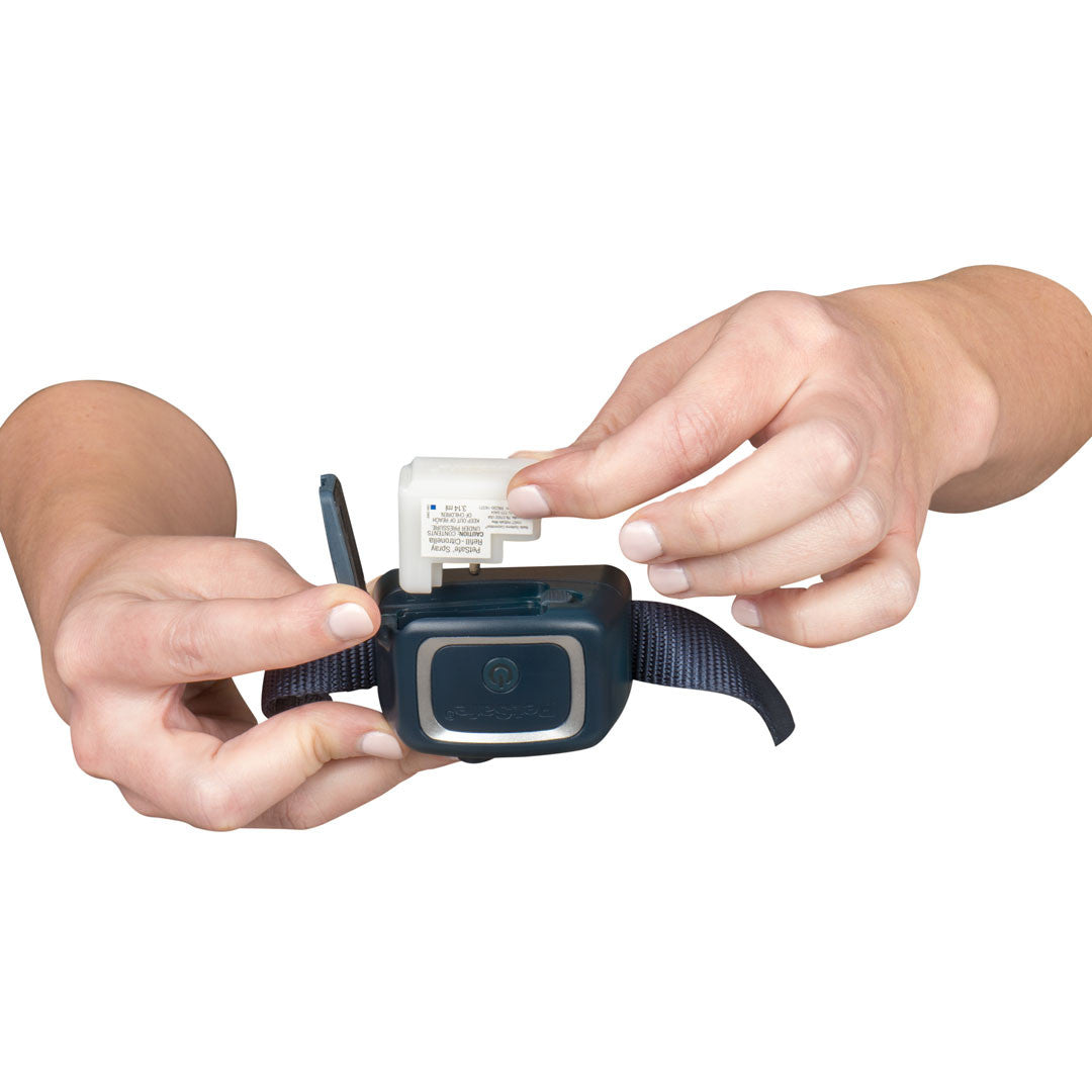 En person holder en lille enhed, der er fastgjort til et ur, nærmere bestemt et Anti Gø halsbånd med spray fra PetSafe (barkkrave) fra PetSafe.